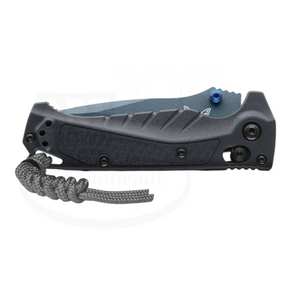 Benchmade Mini Adira in Tempest Gray with textured Grivory handle, blue thumb stud, and paracord lanyard