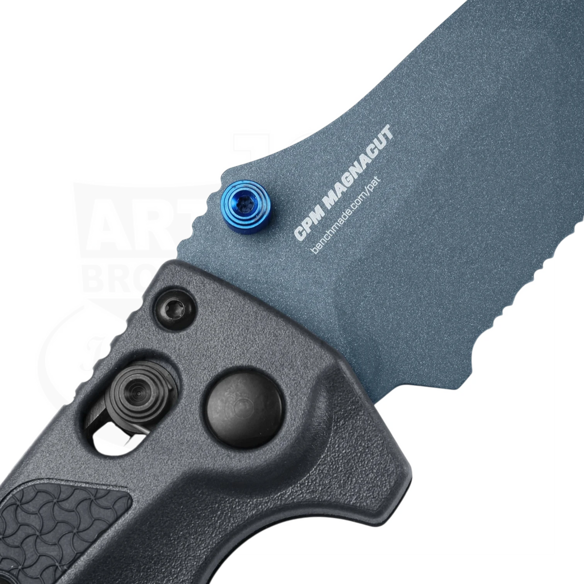 Benchmade Mini Adira knife close-up showing textured gray handle and CPM MagnaCut blade