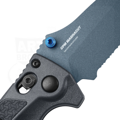 Benchmade Mini Adira knife close-up showing textured gray handle and CPM MagnaCut blade