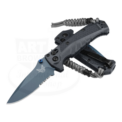 Benchmade Mini Adira folding knife with gray drop-point blade and textured Grivory handle