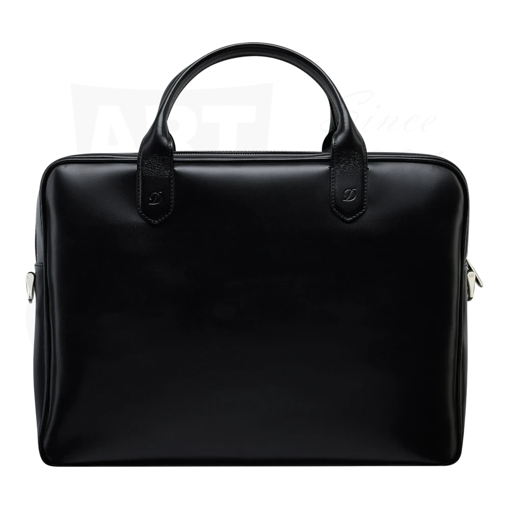 S.T. Dupont Black Document Holder 181003SS smooth black leather briefcase with dual handles and silver zipper details