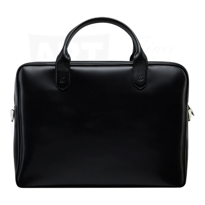 S.T. Dupont Black Document Holder 181003SS smooth black leather briefcase with dual handles and silver zipper details