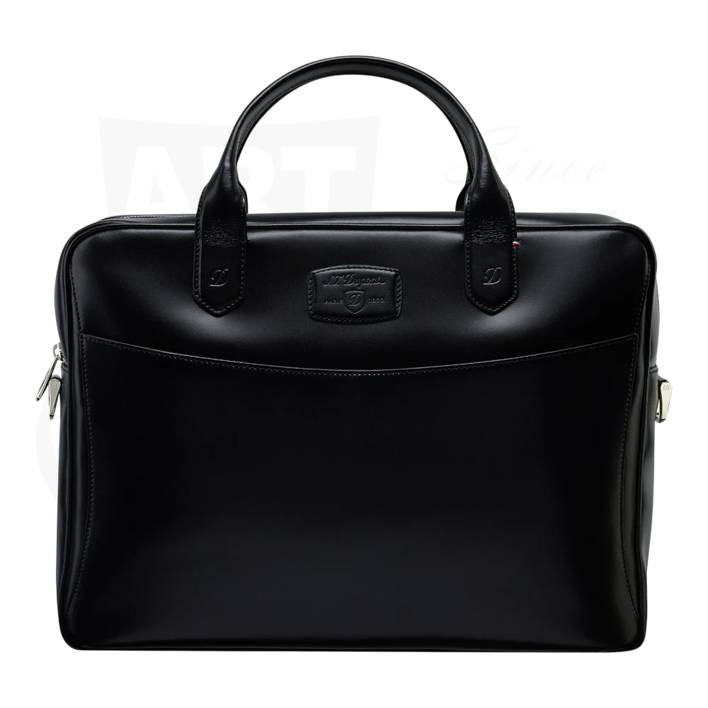 S.T. Dupont Black Document Holder 181003SS black leather briefcase with front pocket and handles, zipped compartments