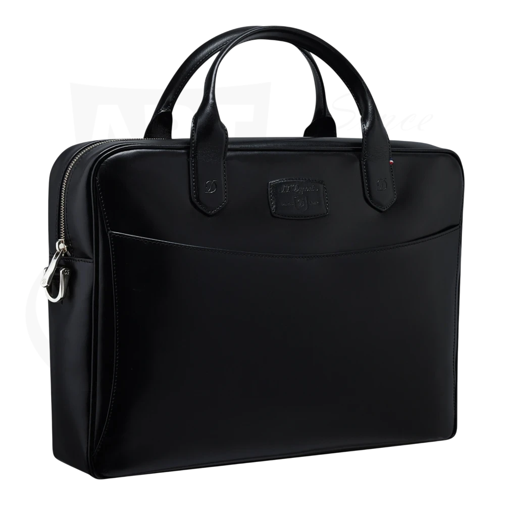 S.T. Dupont Black Document Holder 181003SS leather briefcase with front pocket and top handles in black