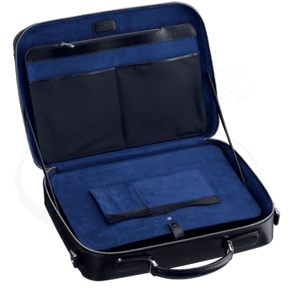 S.T. Dupont Display Model Line D 181004 black leather document holder with blue microfiber interior, multiple pockets, and handle