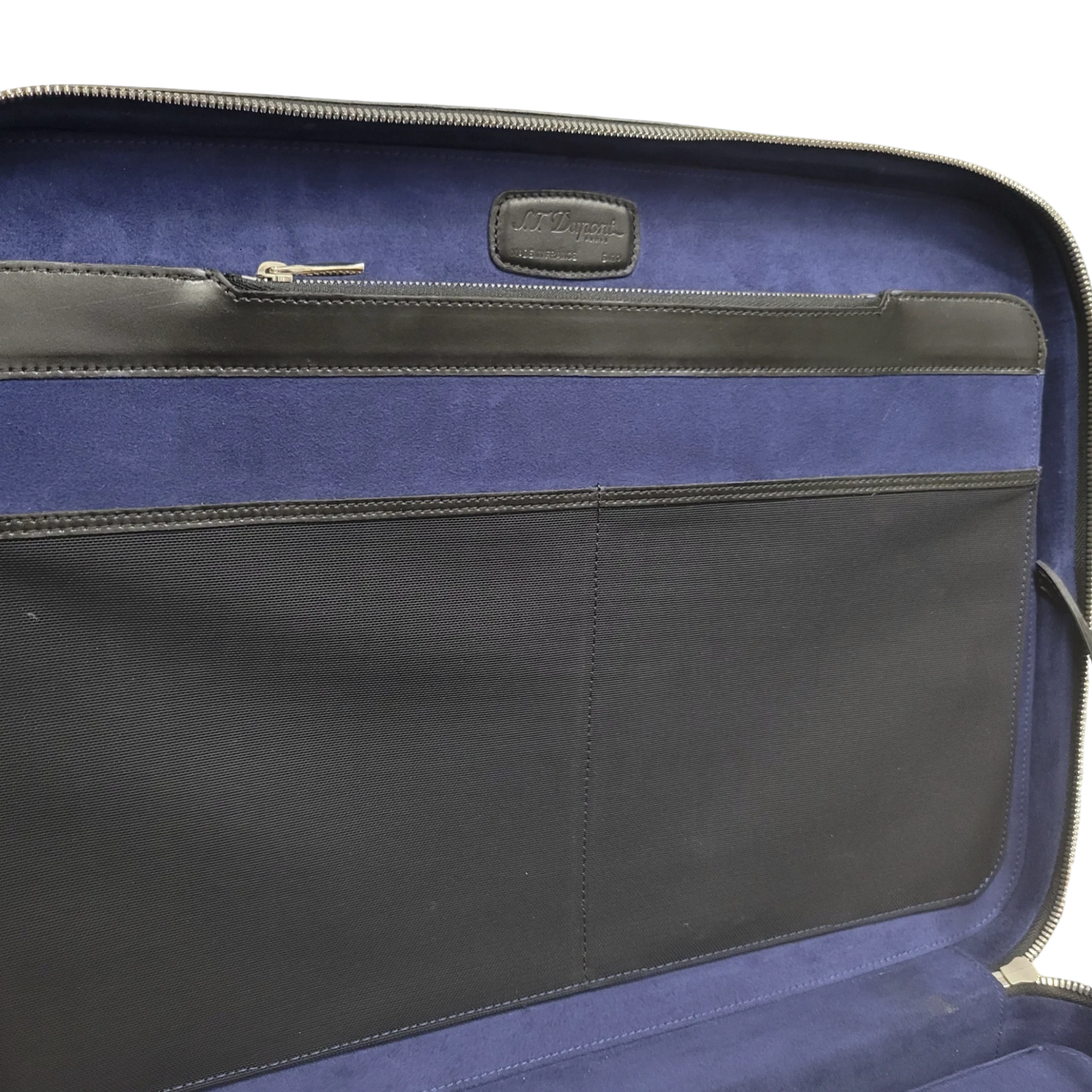 S.T. Dupont Line D 181004 black leather document holder interior with royal blue microfiber lining and storage pockets