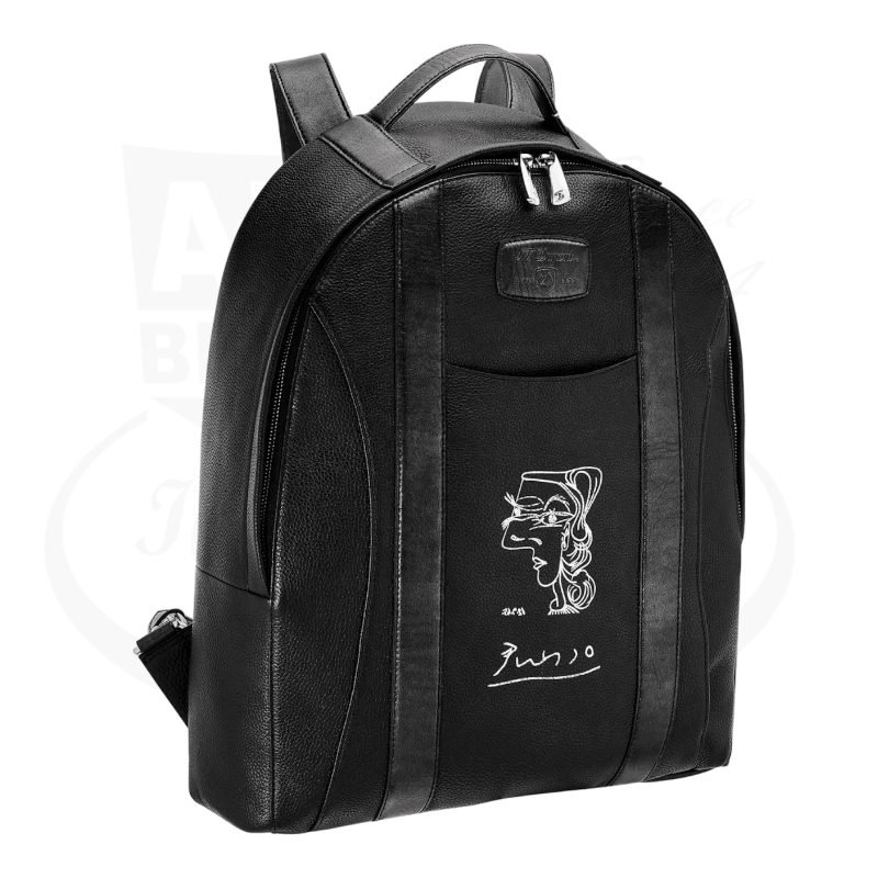 S.T. Dupont Line D Soft Grain Leather Black Backpack Picasso - "Profil de Femme", 181266 with silver embossed leather design.