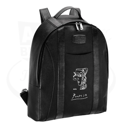 S.T. Dupont Line D Soft Grain Leather Black Backpack Picasso - "Profil de Femme", 181266 with silver embossed leather design.