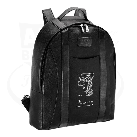 S.T. Dupont Line D Soft Grain Leather Black Backpack Picasso - "Profil de Femme", 181266 with silver embossed leather design.