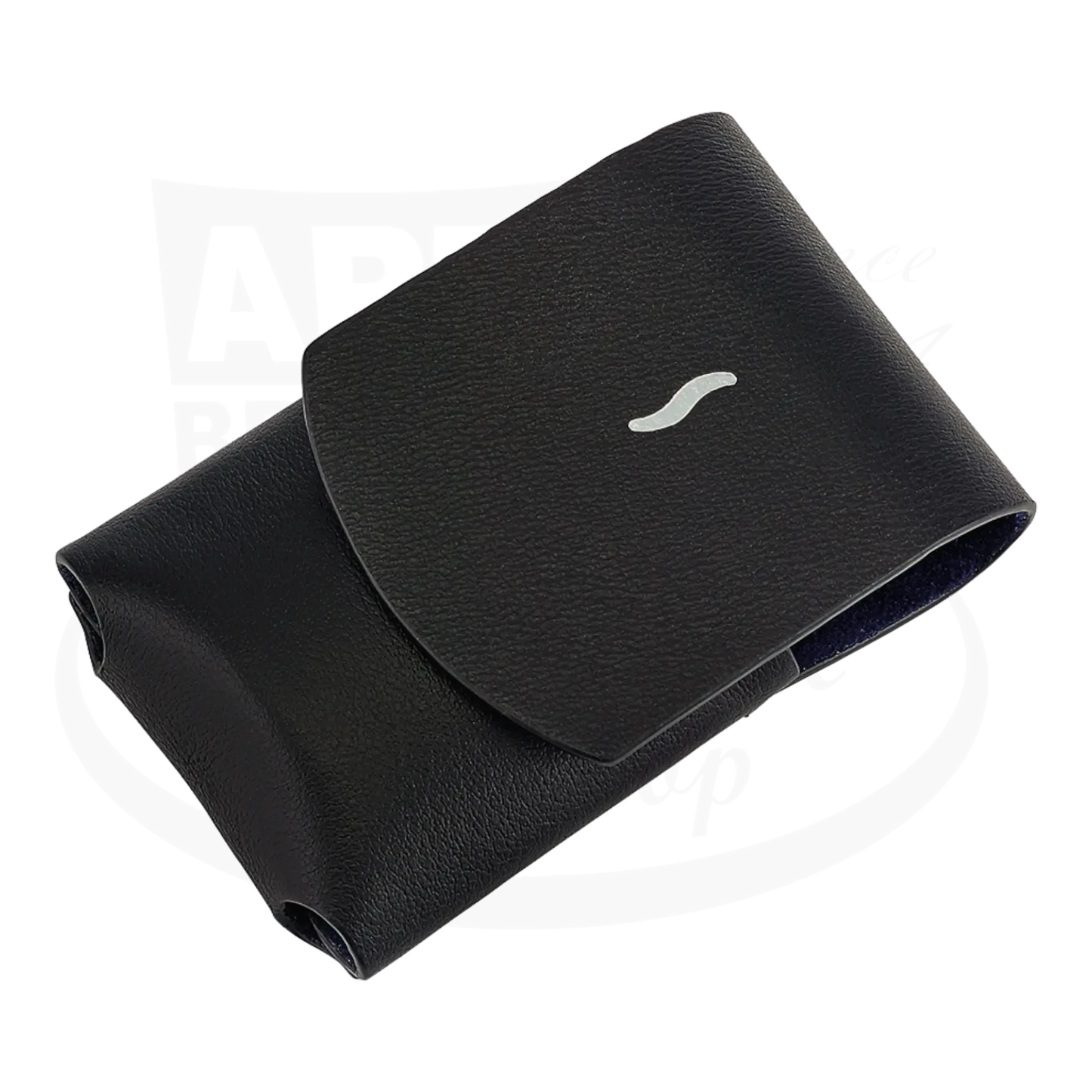 S.T. Dupont Minijet Lighter Case, 183050, Black leather with magnetic closure and silver embossing, sleek compact design.