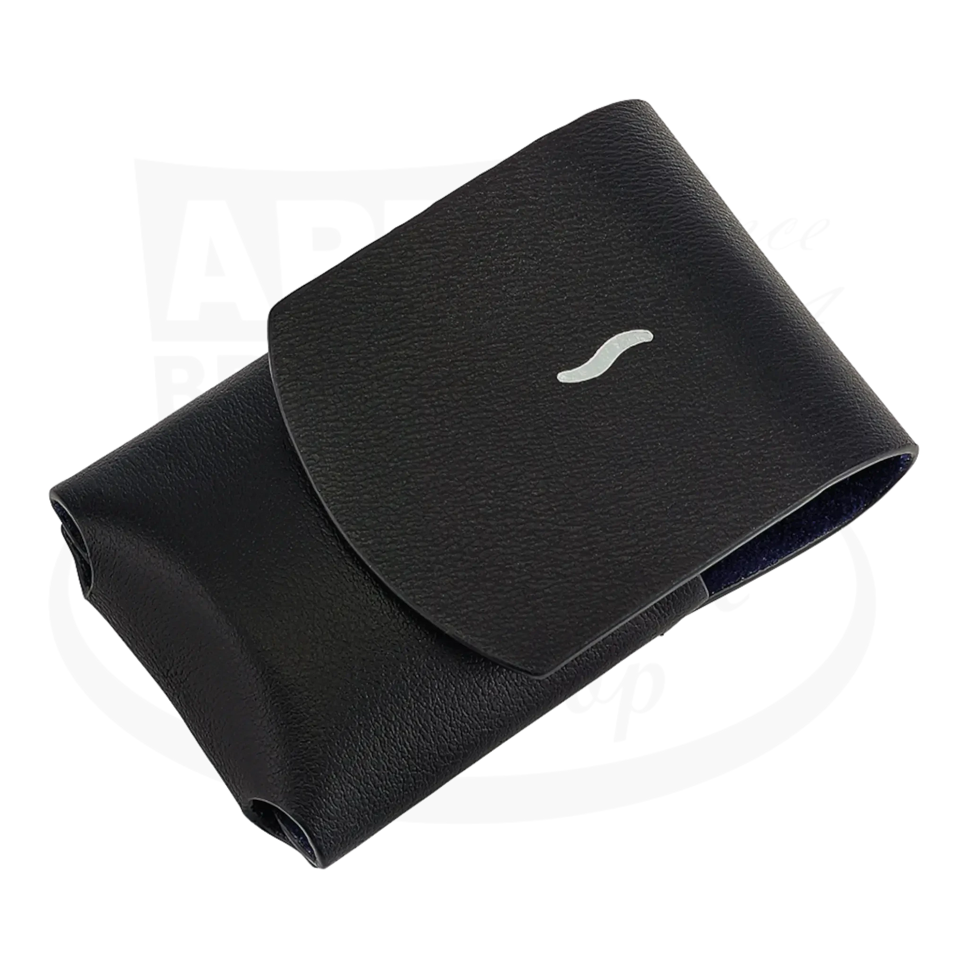 S.T. Dupont Minijet Lighter Case, 183050, Black leather with magnetic closure and silver embossing, sleek compact design.