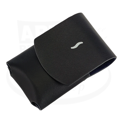 S.T. Dupont Minijet Lighter Case, 183050, Black leather with magnetic closure and silver embossing, sleek compact design.