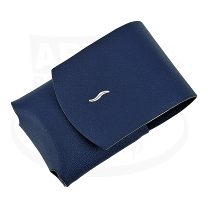 S.T. Dupont Minijet Lighter Case, 1830514, blue leather with magnetic closure and silver embossing in blue color.