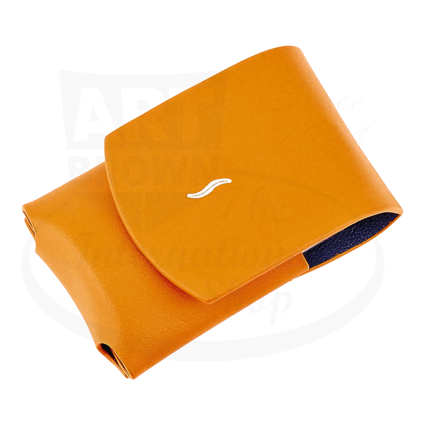 S.T. Dupont Minijet Lighter Case leather orange with magnetic closure and silver embossing, sleek compact design.