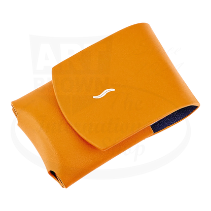 S.T. Dupont Minijet Lighter Case leather orange with magnetic closure and silver embossing, sleek compact design.