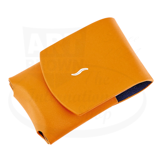 S.T. Dupont Minijet Lighter Case leather orange with magnetic closure and silver embossing, sleek compact design.