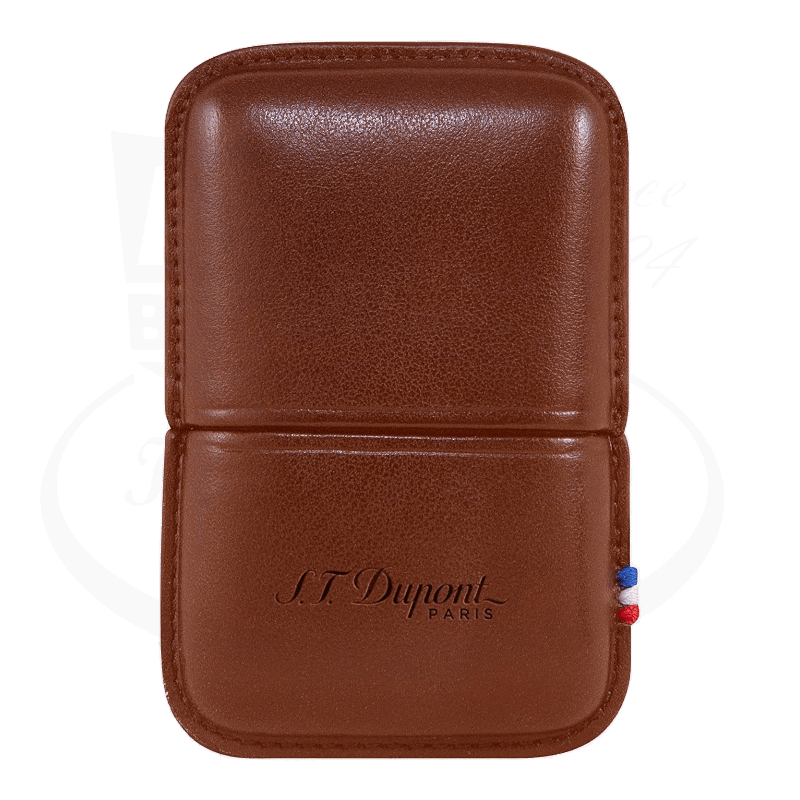 S.T. Dupont Ligne 2 Hard Lighter Case Brown leather with embossed logo and red, white, blue stitching, 7.2x4.6x1.5 cm