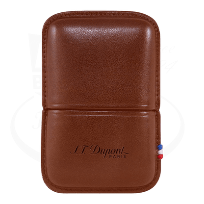 S.T. Dupont Ligne 2 Hard Lighter Case Brown leather with embossed logo and red, white, blue stitching, 7.2x4.6x1.5 cm