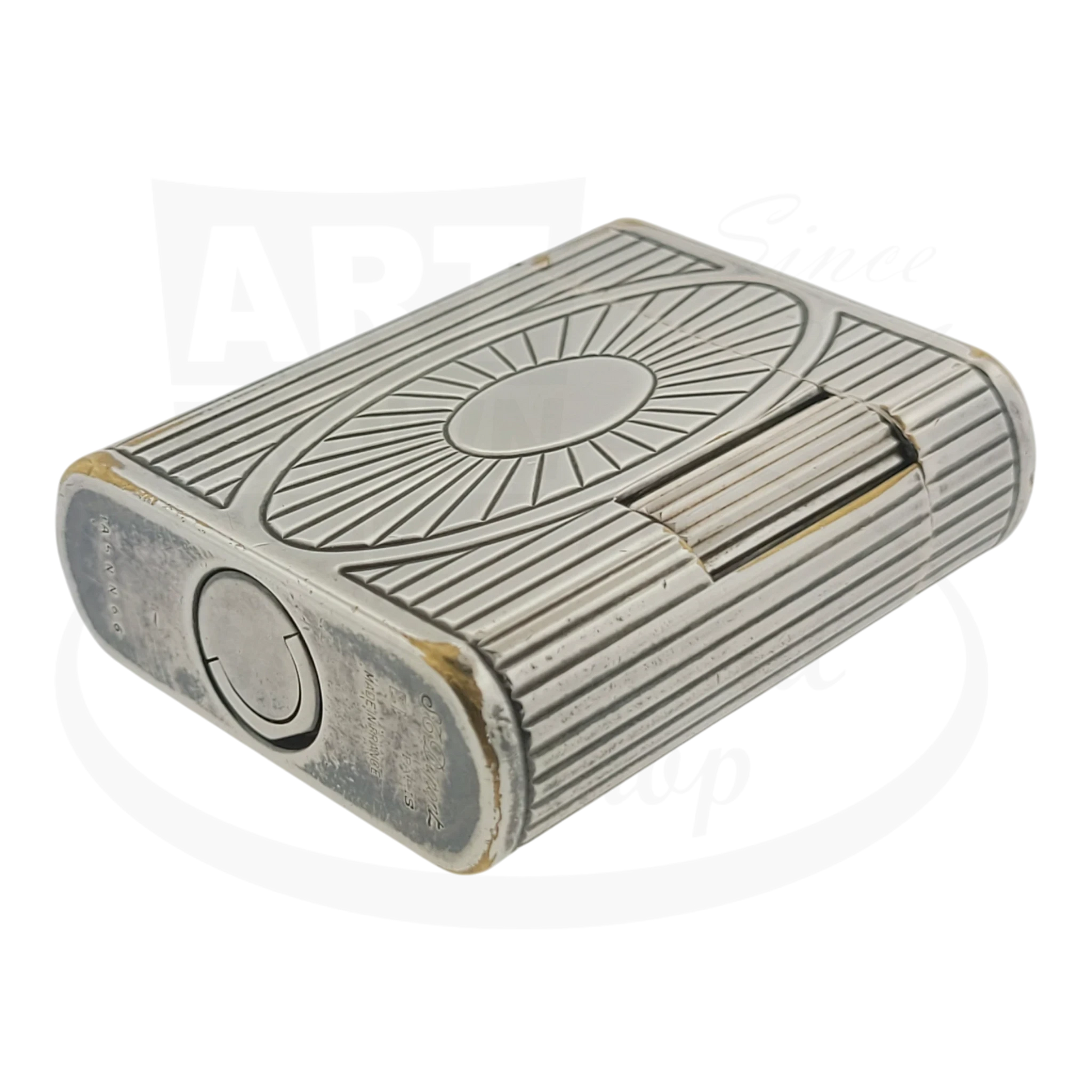 Preowned Vintage S.T. Dupont Soubreny 019105-D1 palladium lighter with sun medallion guilloche design and wear.