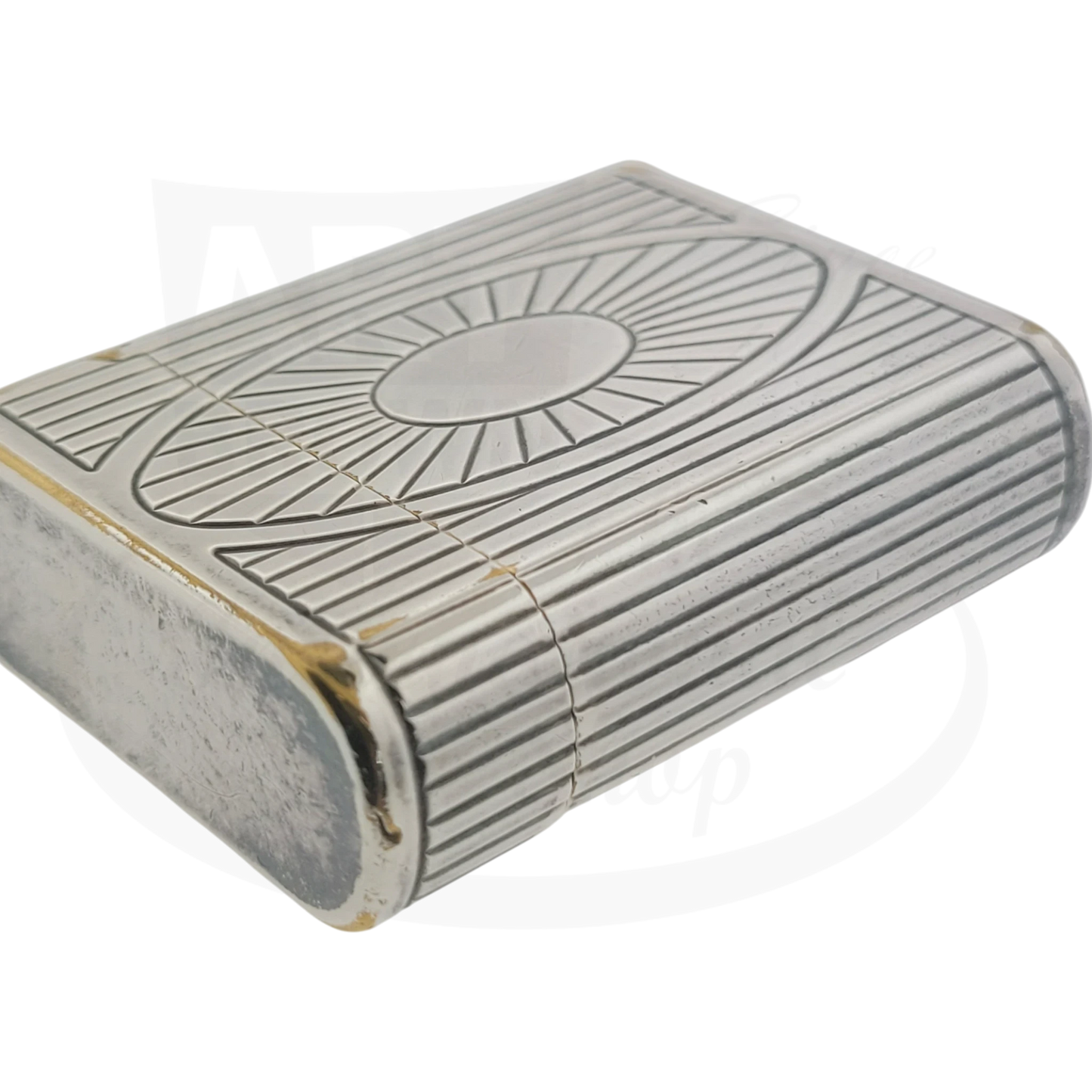 Preowned Vintage S.T. Dupont Soubreny 019105-D1 palladium lighter with sun medallion guilloche and visible wear.