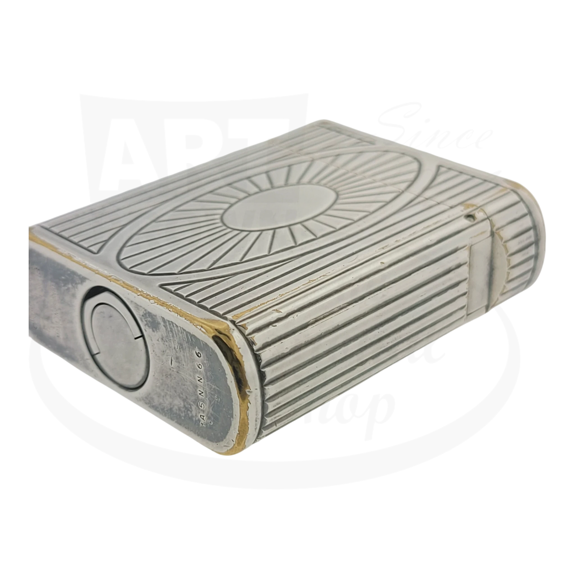 Preowned Vintage S.T. Dupont Soubreny 019105-D1 palladium lighter with sun medallion and visible wear on plating