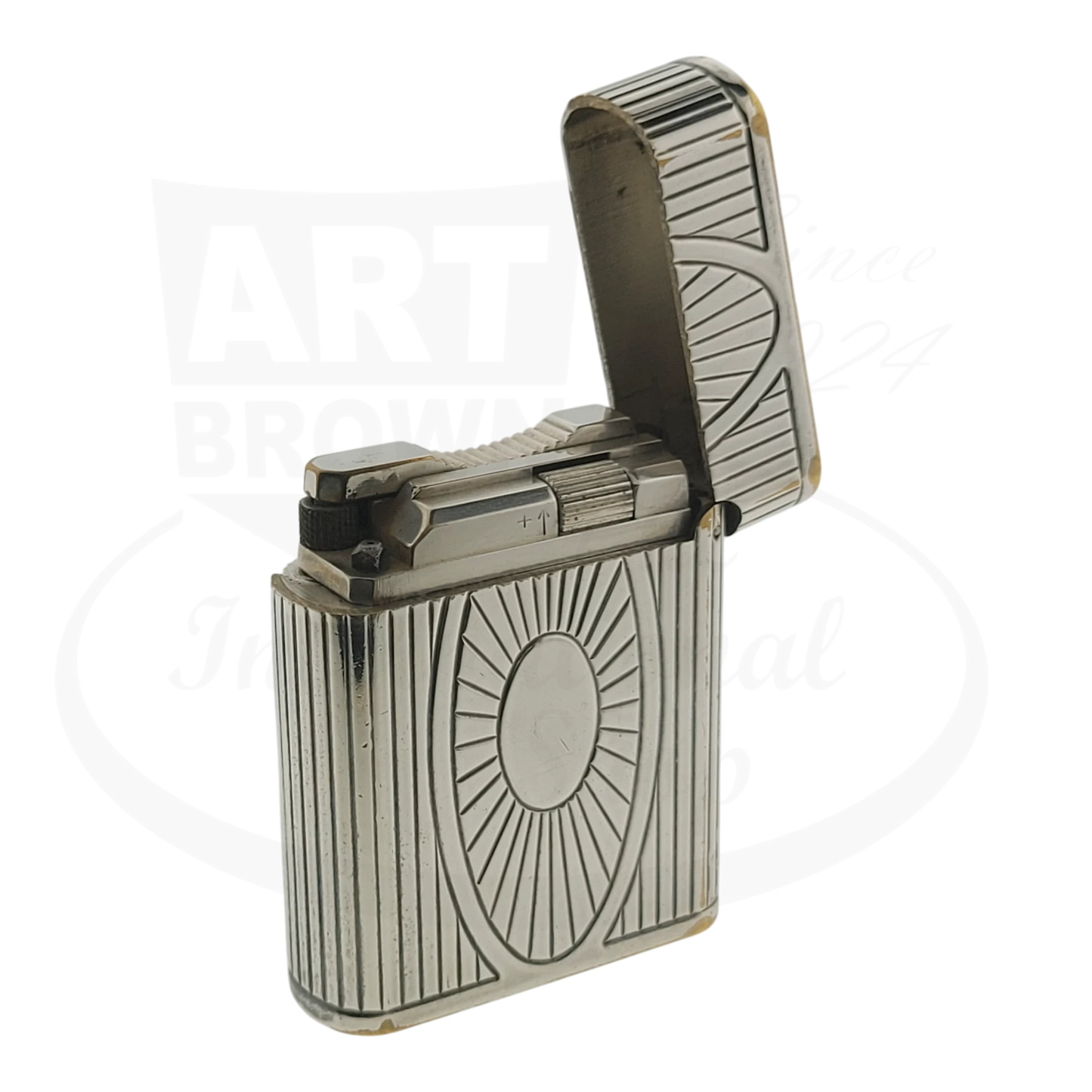 Preowned Vintage S.T. Dupont Soubreny 019105-D1 palladium lighter with Sun Medallion guilloche, visible wear and chip plating