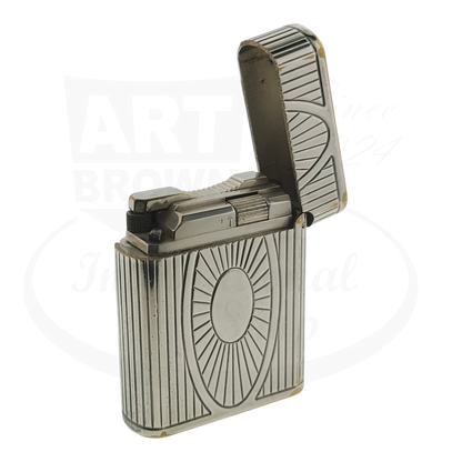 Preowned Vintage S.T. Dupont Soubreny 019105-D1 palladium lighter with Sun Medallion guilloche, visible wear and chip plating