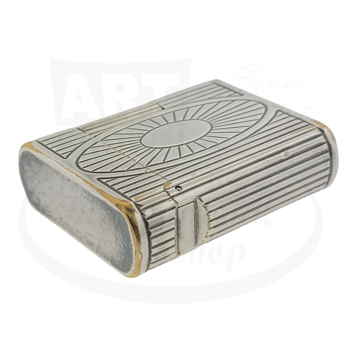 Preowned Vintage S.T. Dupont Soubreny 019105-D1 palladium lighter with Sun Medallion guilloche, visible wear and chipped plating.