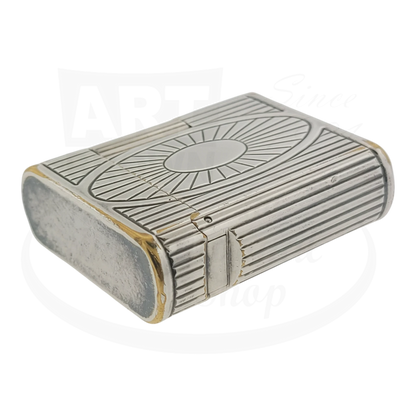 Preowned Vintage S.T. Dupont Soubreny 019105-D1 palladium lighter with Sun Medallion guilloche, visible wear and chipped plating.