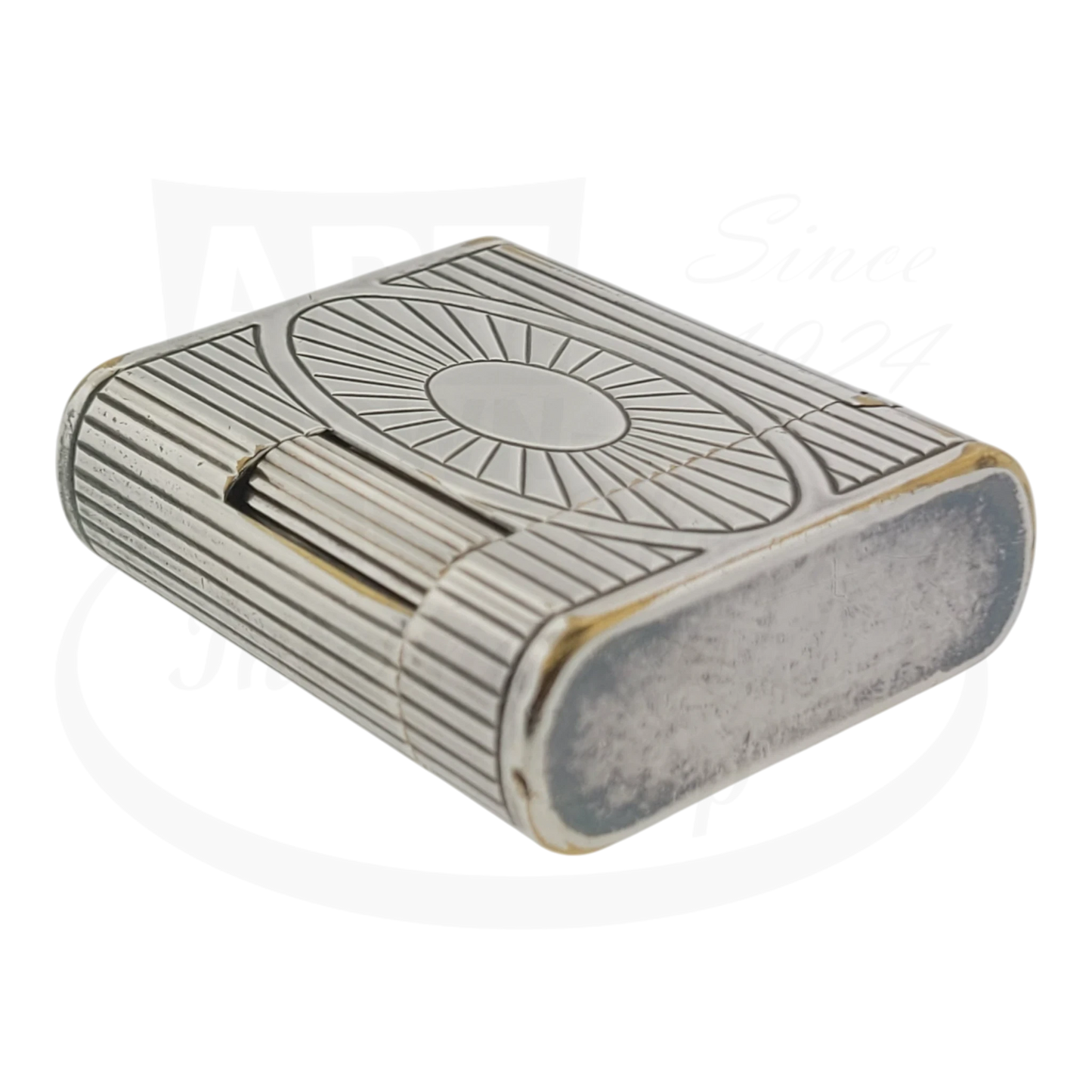 Preowned Vintage S.T. Dupont Soubreny 019105-D1 palladium lighter with sun medallion guilloche and worn edges