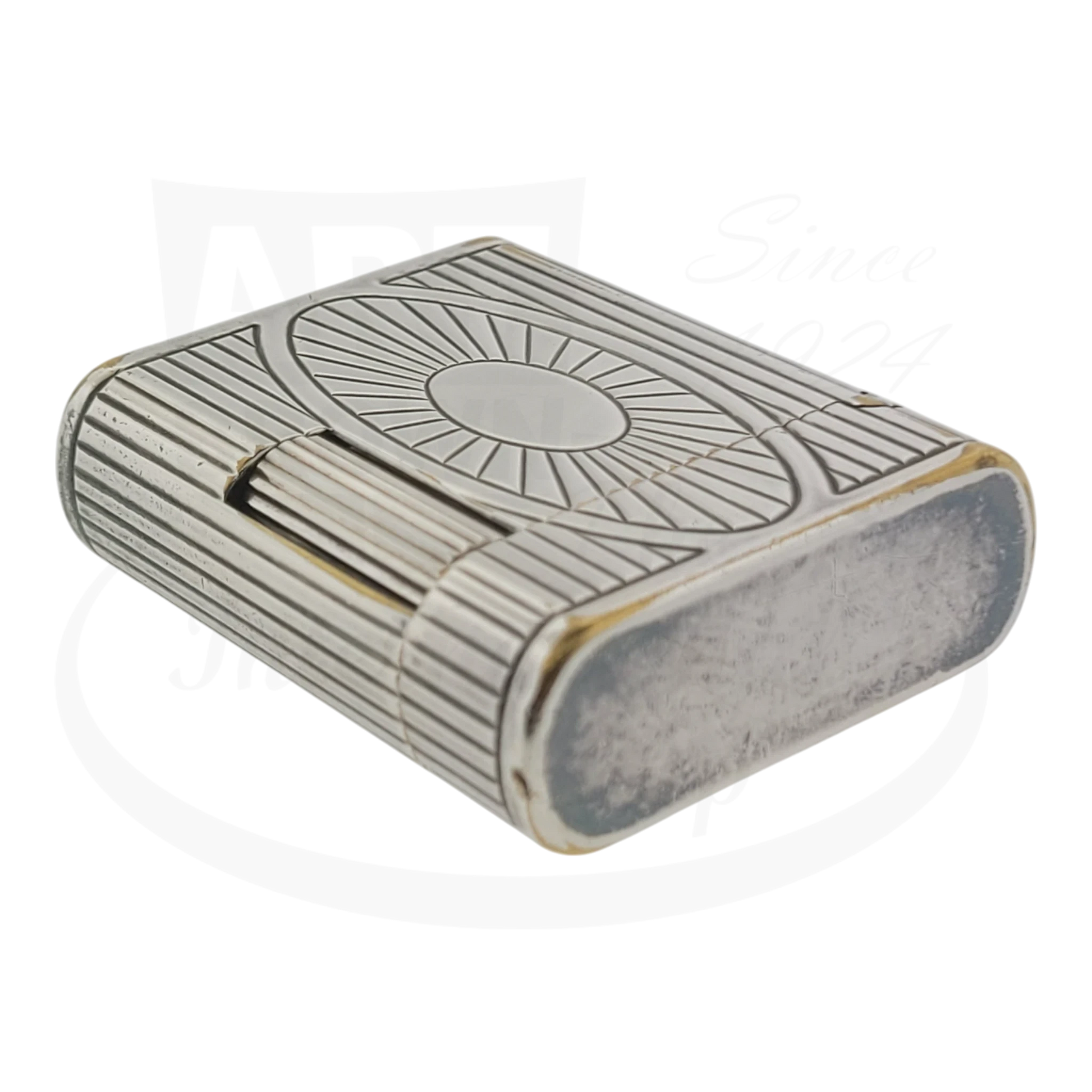Preowned Vintage S.T. Dupont Soubreny 019105-D1 palladium lighter with sun medallion guilloche and worn edges