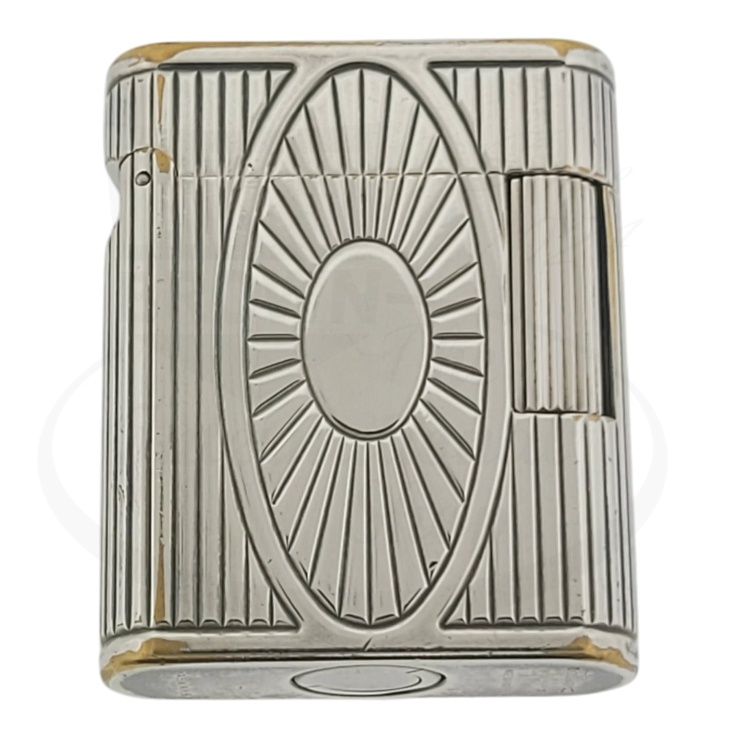 Preowned Vintage S.T. Dupont Soubreny Palladium Sun Medallion Guilloche lighter 019105-D1 with wear and discoloration