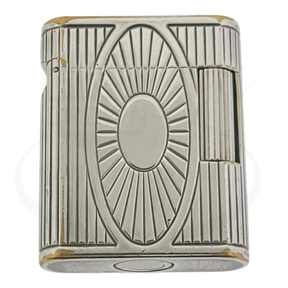 Preowned Vintage S.T. Dupont Soubreny Palladium Sun Medallion Guilloche lighter 019105-D1 with wear and discoloration