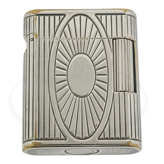 Preowned Vintage S.T. Dupont Soubreny Palladium Sun Medallion Guilloche lighter 019105-D1 with wear and discoloration