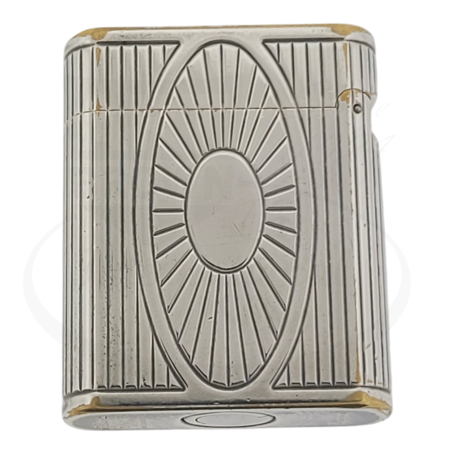 Preowned Vintage S.T. Dupont Soubreny 019105-D1 palladium lighter with Sun Medallion and vertical fluting, worn plating