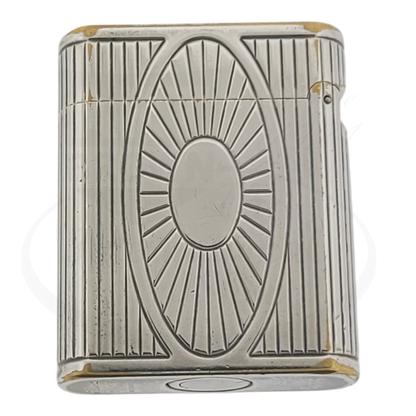 Preowned Vintage S.T. Dupont Soubreny 019105-D1 palladium lighter with Sun Medallion and vertical fluting, worn plating