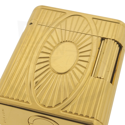 S.T. Dupont Soubreny 019205-D1 gold plated vintage lighter with guilloche sun medallion and vertical fluting design