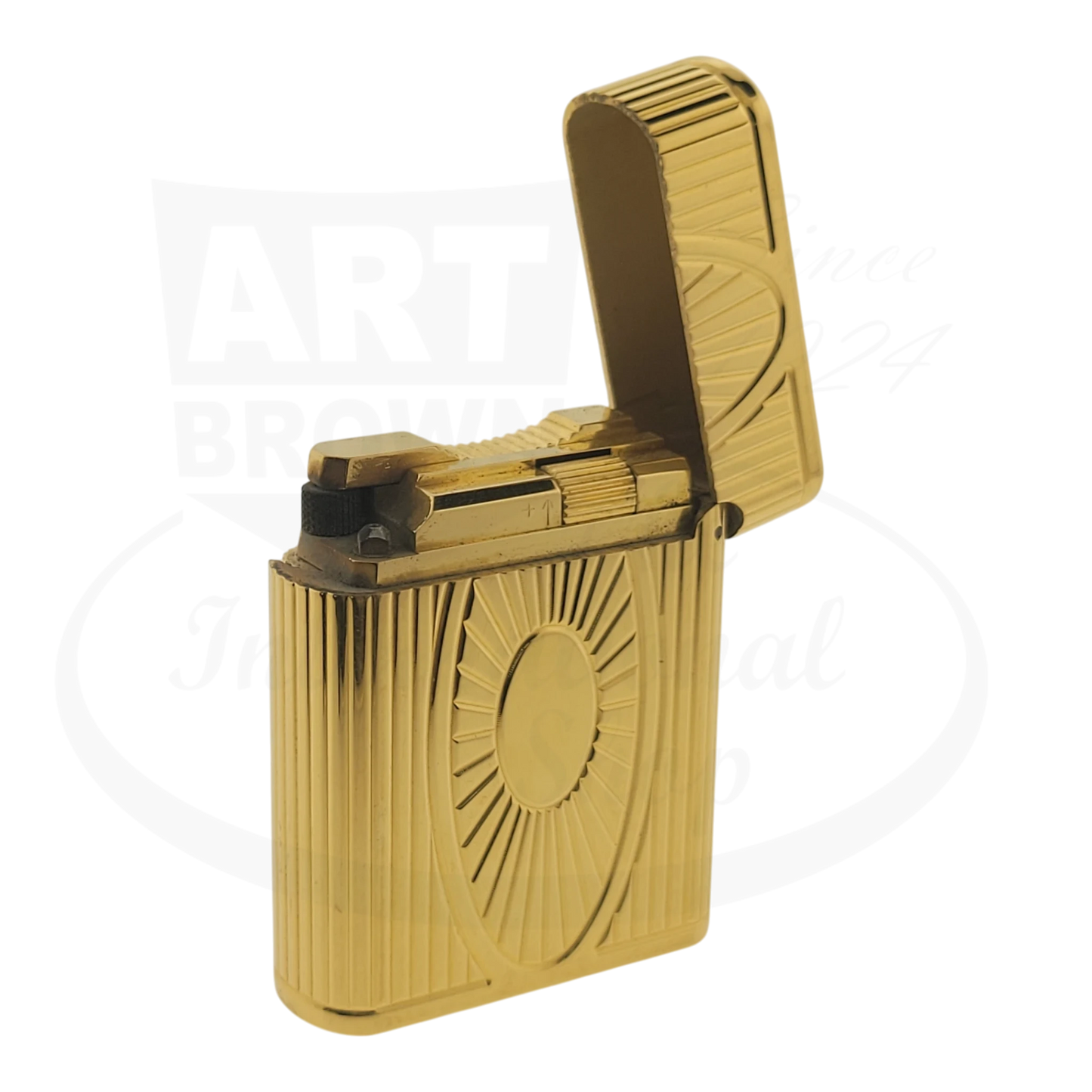 Preowned Vintage S.T. Dupont Soubreny Gold Sun Medallion Guilloche 019205-D1 gold-plated lighter with fluted design