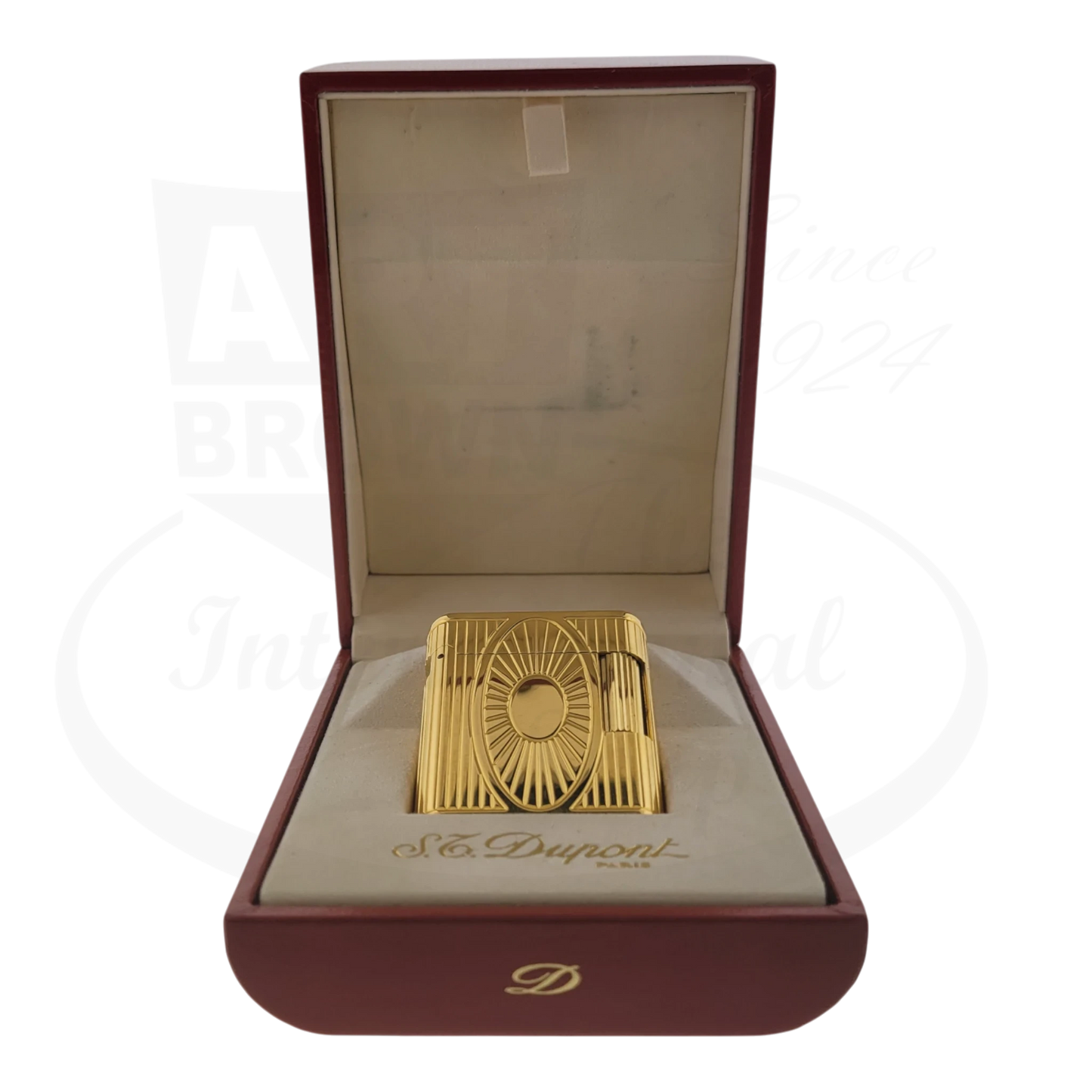 Preowned Vintage S.T. Dupont Soubreny Gold Sun Medallion Guilloche 019205-D1 gold plated lighter in original box