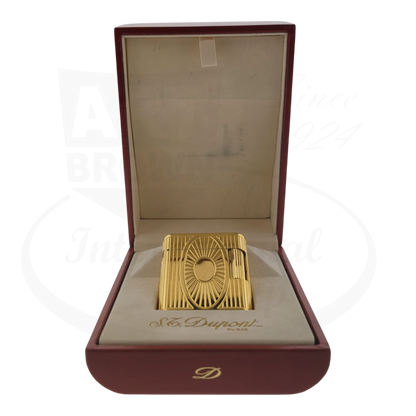 Preowned Vintage S.T. Dupont Soubreny Gold Sun Medallion Guilloche 019205-D1 gold plated lighter in original box