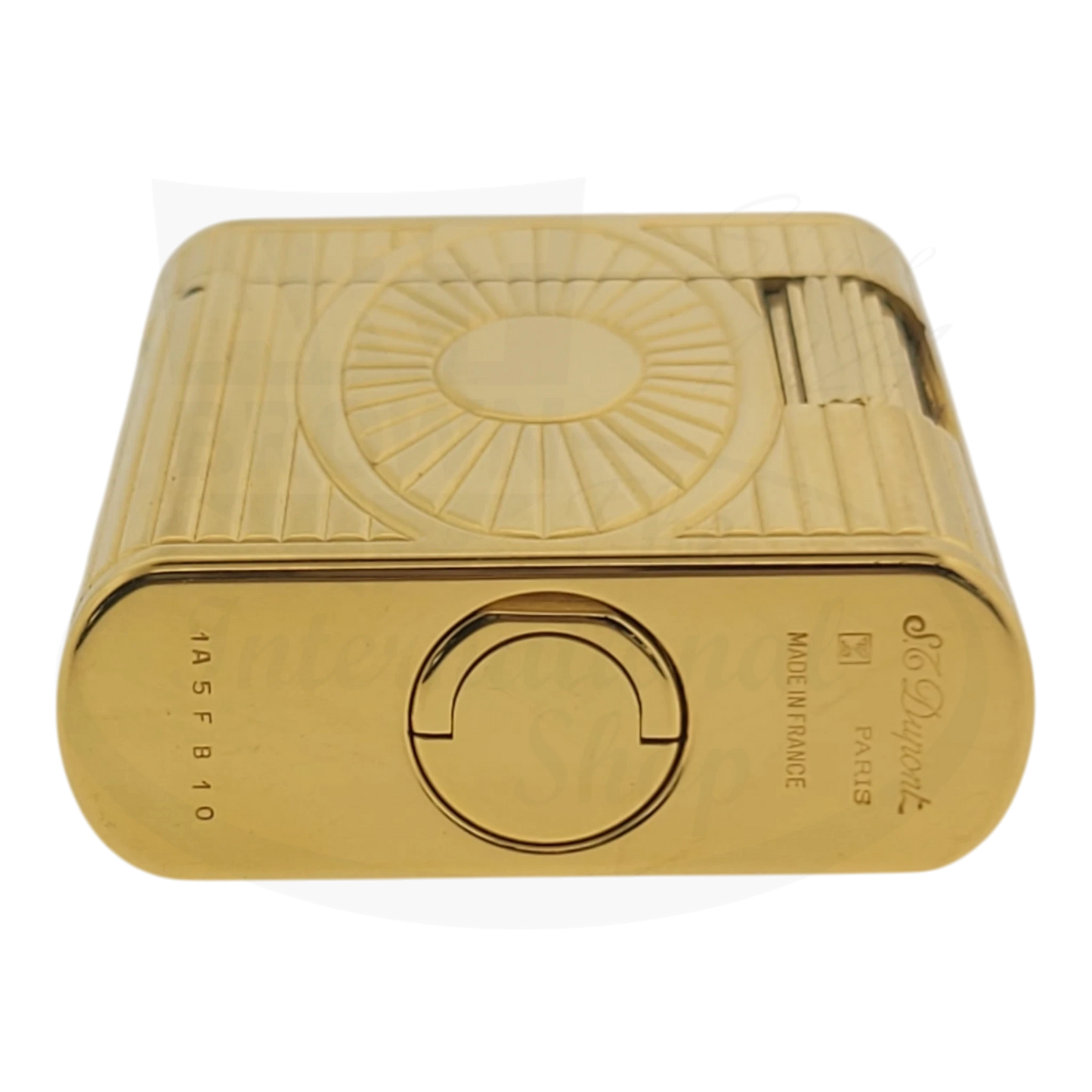S.T. Dupont Soubreny 019205-D1 gold-plated lighter with sun medallion guilloche pattern, vintage preowned condition