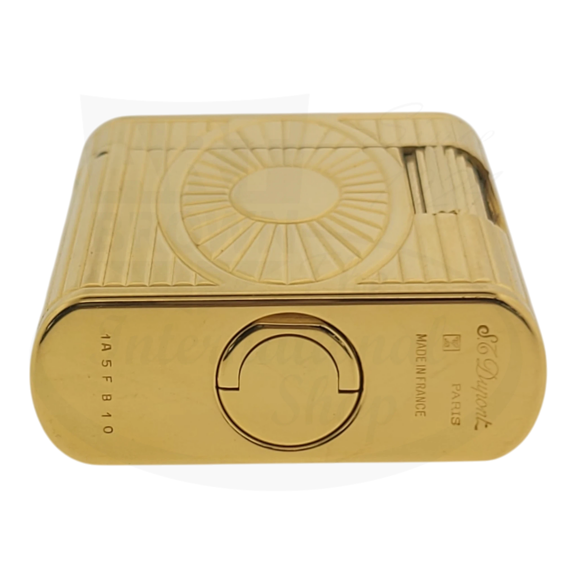 S.T. Dupont Soubreny 019205-D1 gold-plated lighter with sun medallion guilloche pattern, vintage preowned condition