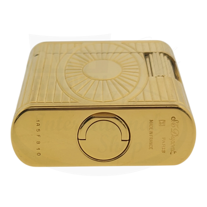 S.T. Dupont Soubreny 019205-D1 gold-plated lighter with sun medallion guilloche pattern, vintage preowned condition
