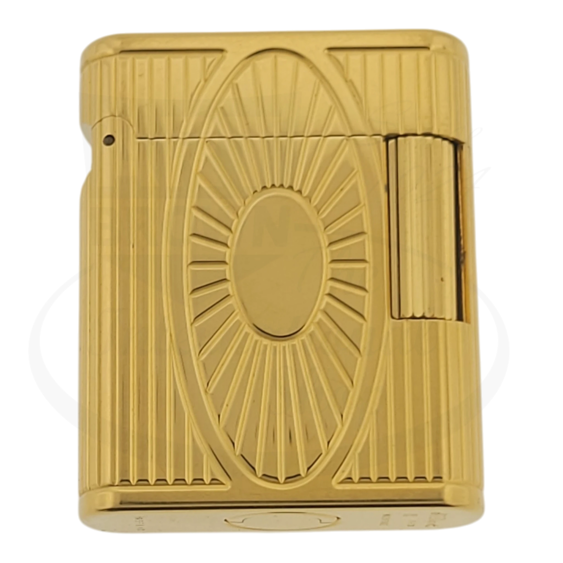 Preowned Vintage S.T. Dupont Soubreny 019205-D1 gold plated lighter with engraved Sun Medallion guilloche design