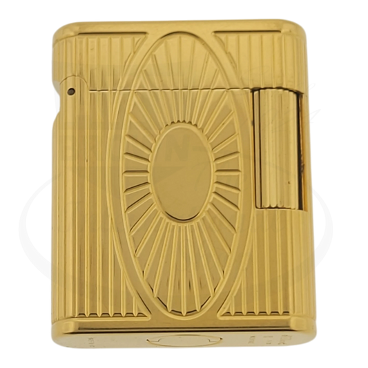 Preowned Vintage S.T. Dupont Soubreny 019205-D1 gold plated lighter with engraved Sun Medallion guilloche design