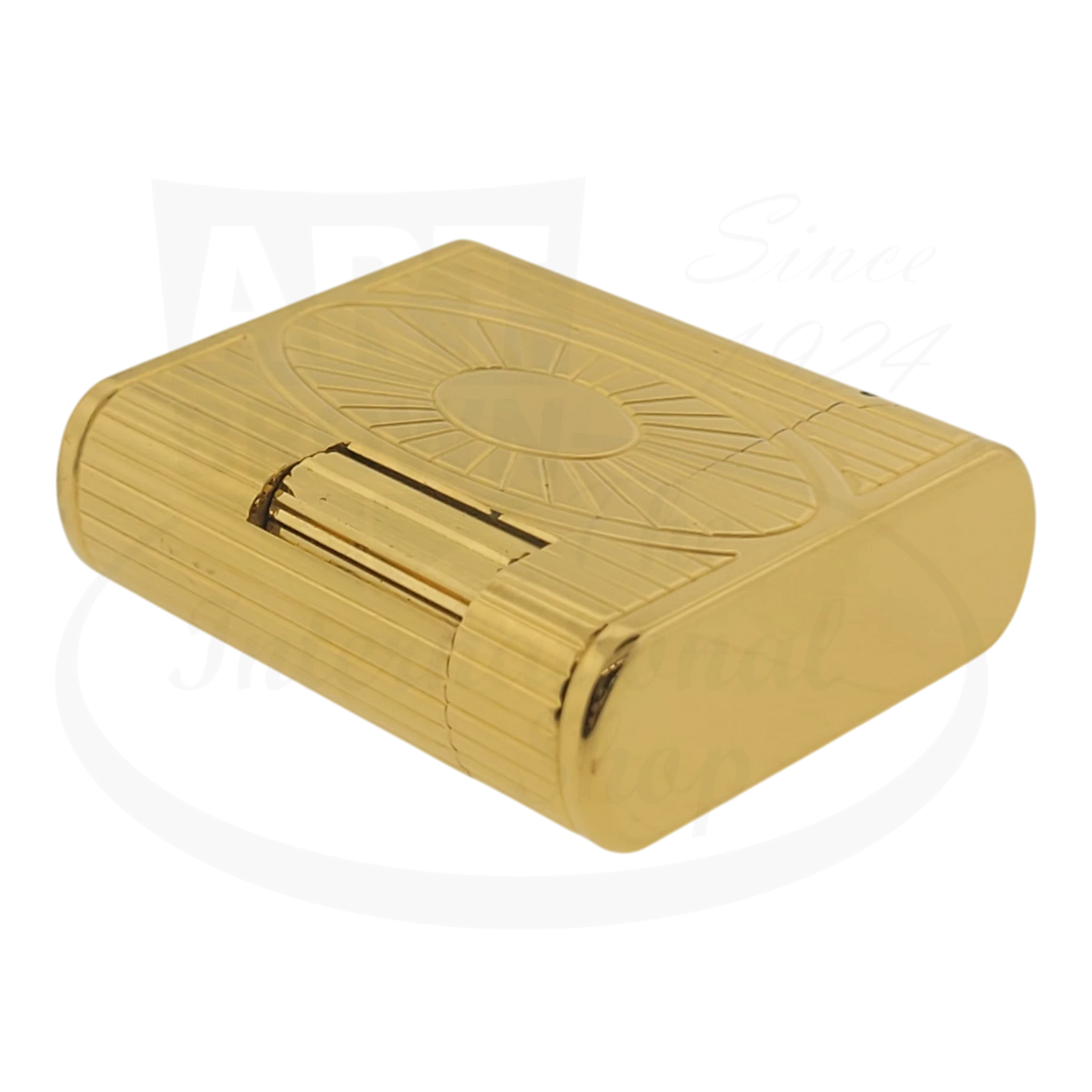 S.T. Dupont Soubreny 019205-D1 gold plated lighter with sun medallion guilloche and vertical fluting design
