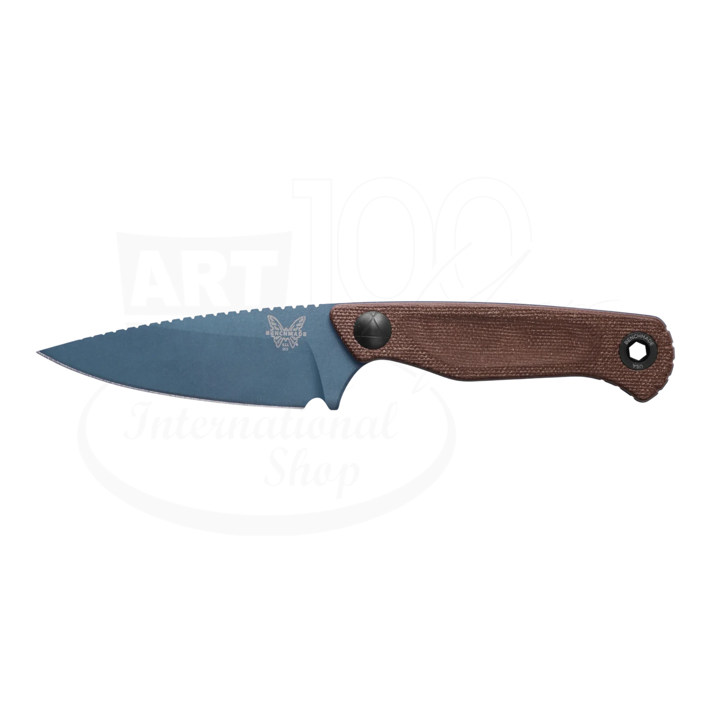 Benchmade Dacian™ Brown Canvas Micarta Spear-point knife with blue blade and textured brown handle, square gallery 7 shot.