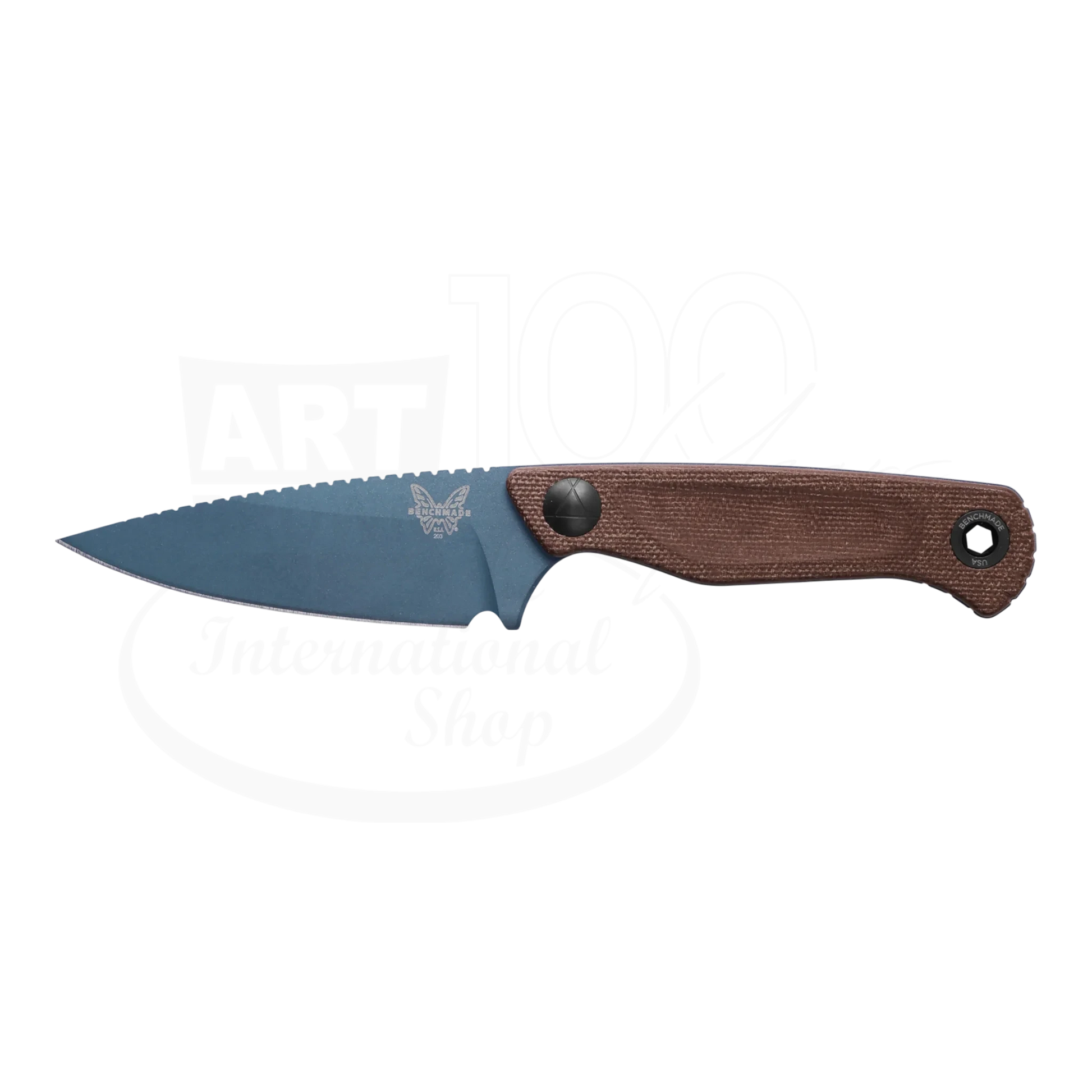 Benchmade Dacian™ Brown Canvas Micarta Spear-point knife with blue blade and textured brown handle, square gallery 7 shot.