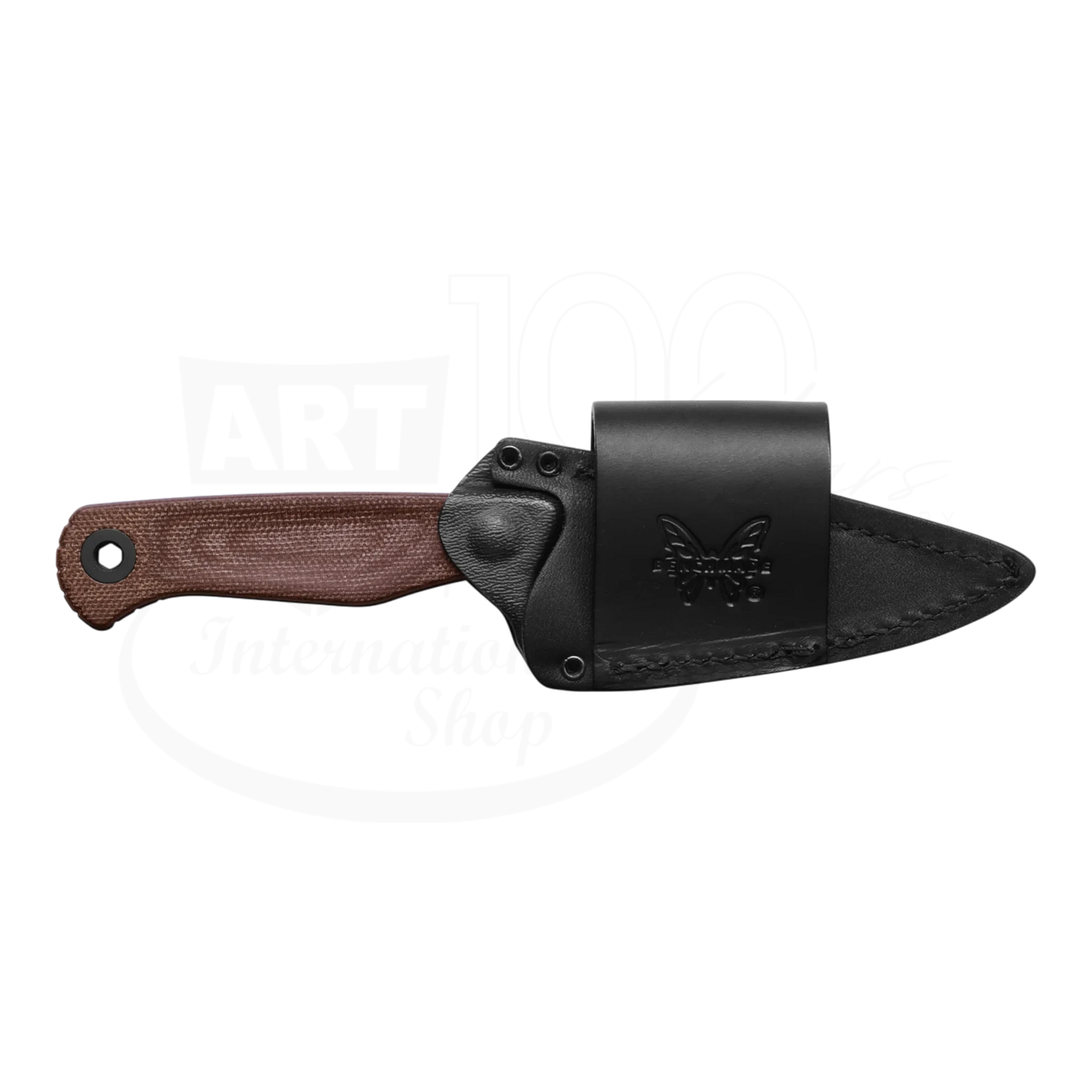 Benchmade Dacian™ Brown Canvas Micarta Spear-point fixed blade knife with black leather sheath, gallery image 8 square 2048x2048