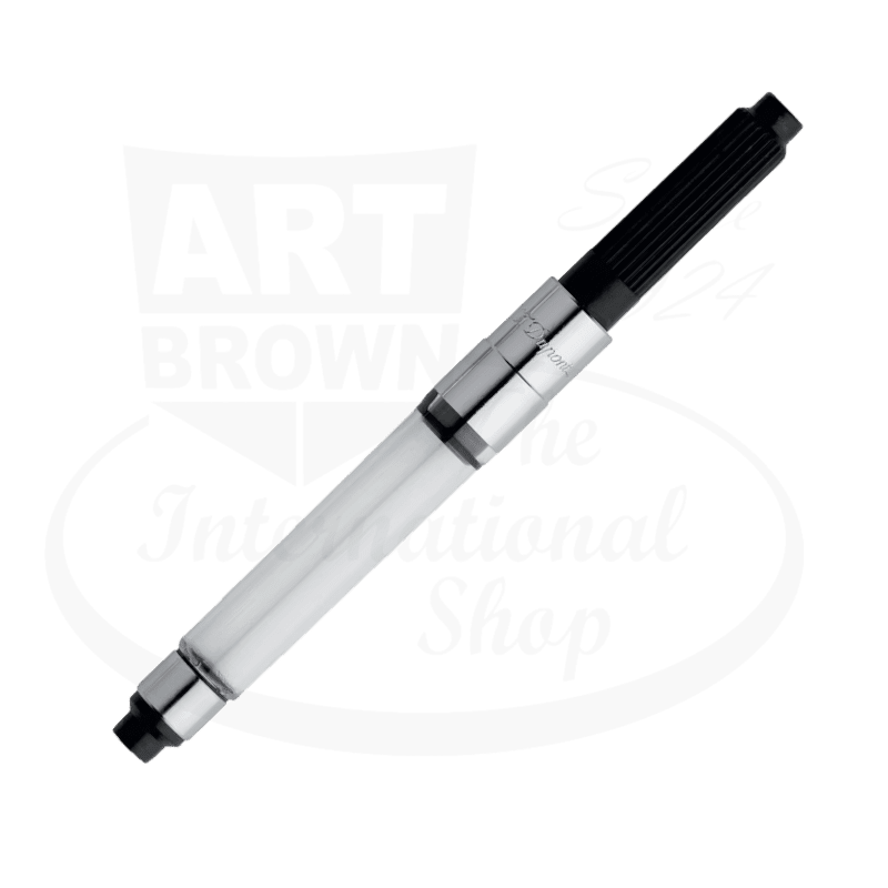 S.T. Dupont Custom Fountain Pen Converter, clear plastic and chrome metal construction, piston-fill mechanism with black thumbwheel for vintage Classique Montparnasse Gatsby pens